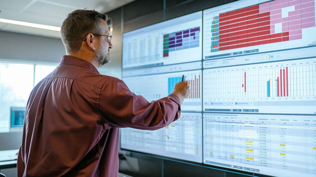A male supervisor reviewing test results of data entry candidates on a large screen.