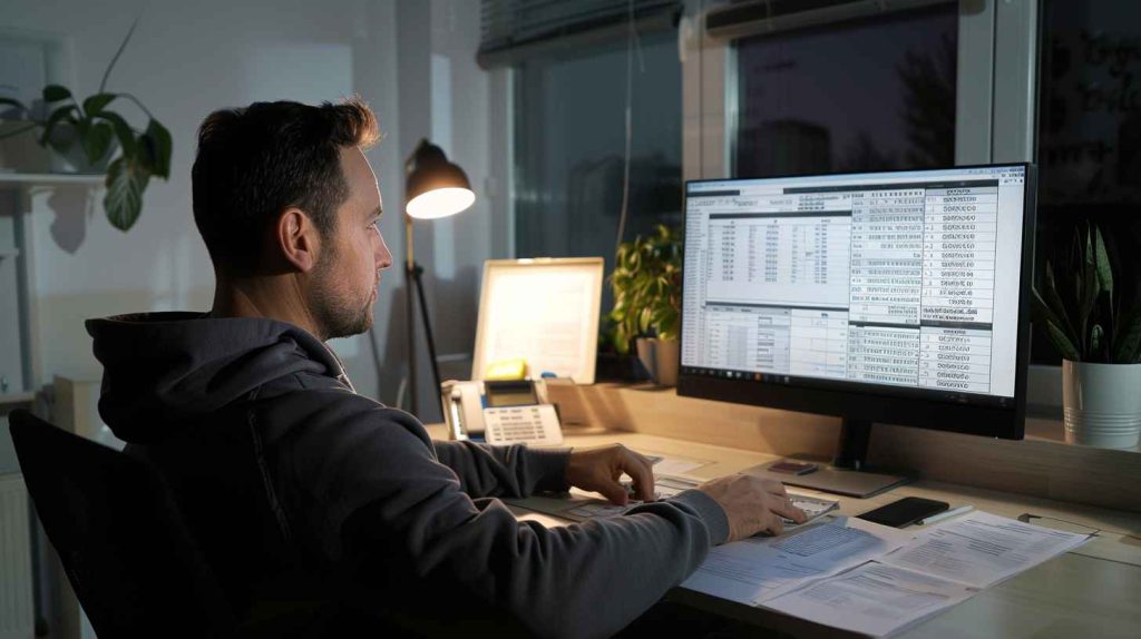 A male freelancer performing data entry tasks from a home office setup.