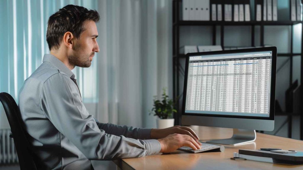 A male data entry clerk entering spreadsheet data in a quiet, professional workspace.