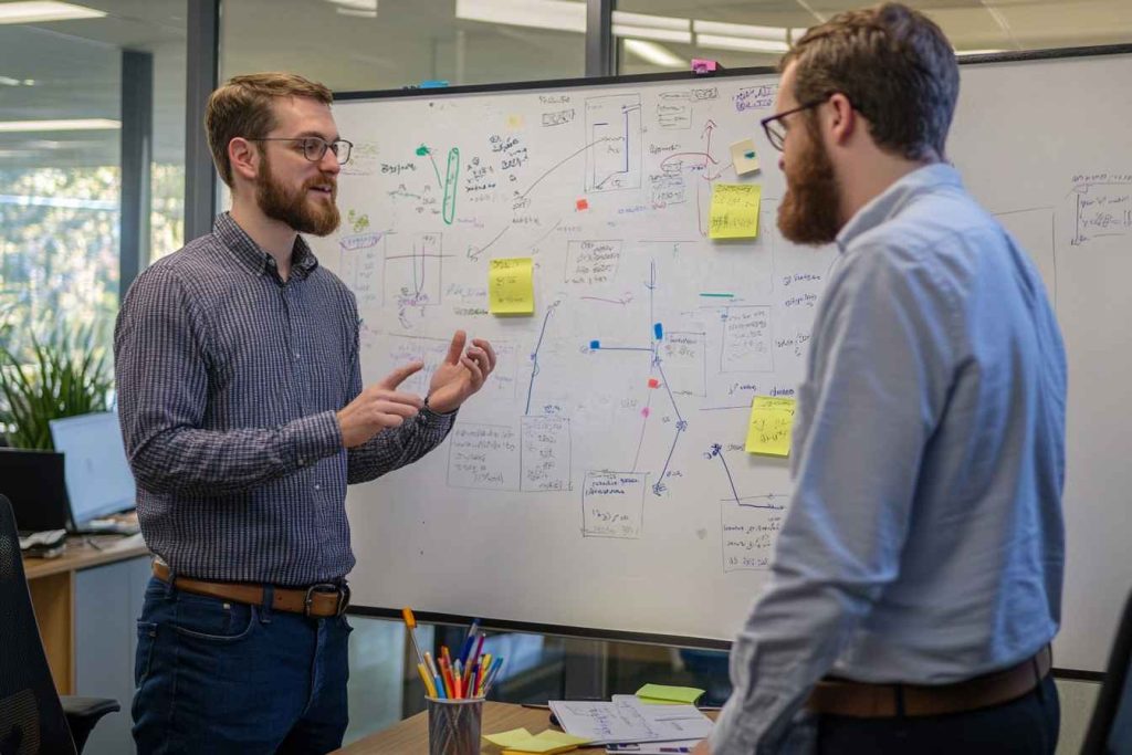 Supply chain colleagues brainstorming process improvements at a whiteboard