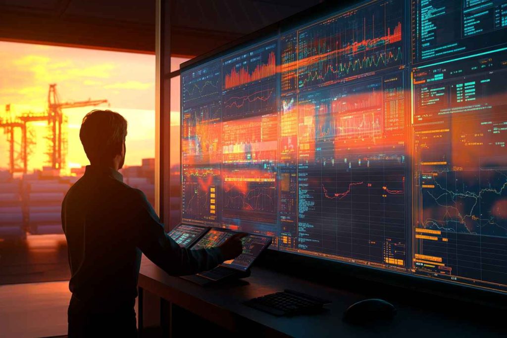 Male logistics manager reviewing delivery performance data on multi-screen dashboard
