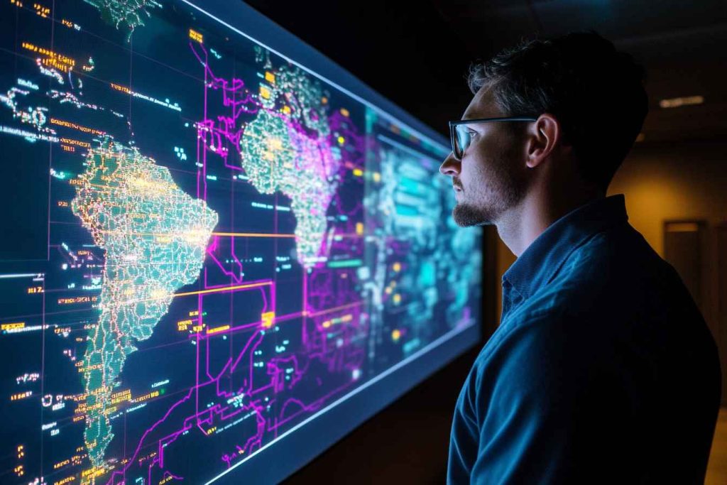A logistics coordinator analyzing supply chain routes and delivery data on a large digital screen