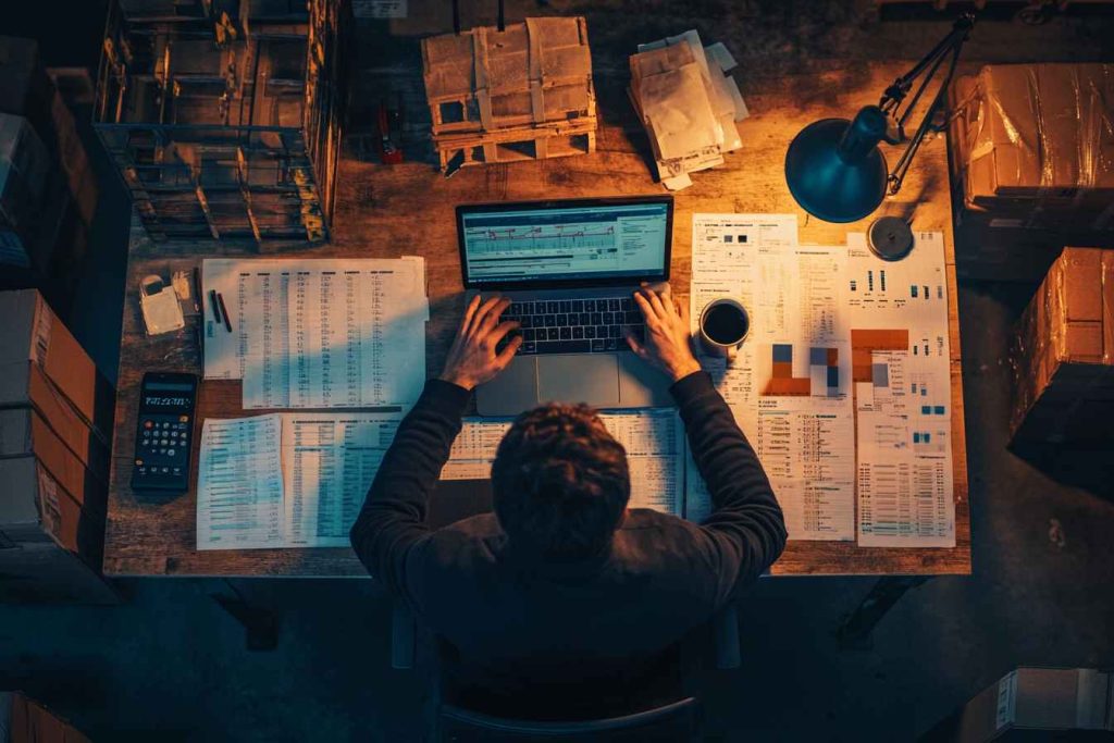 A male analyst reviewing supply chain performance reports and inventory data at a desk