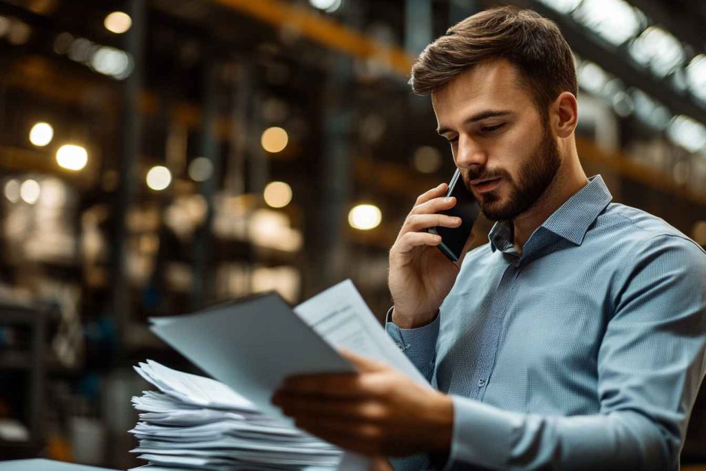 A male procurement manager negotiating supplier terms over the phone