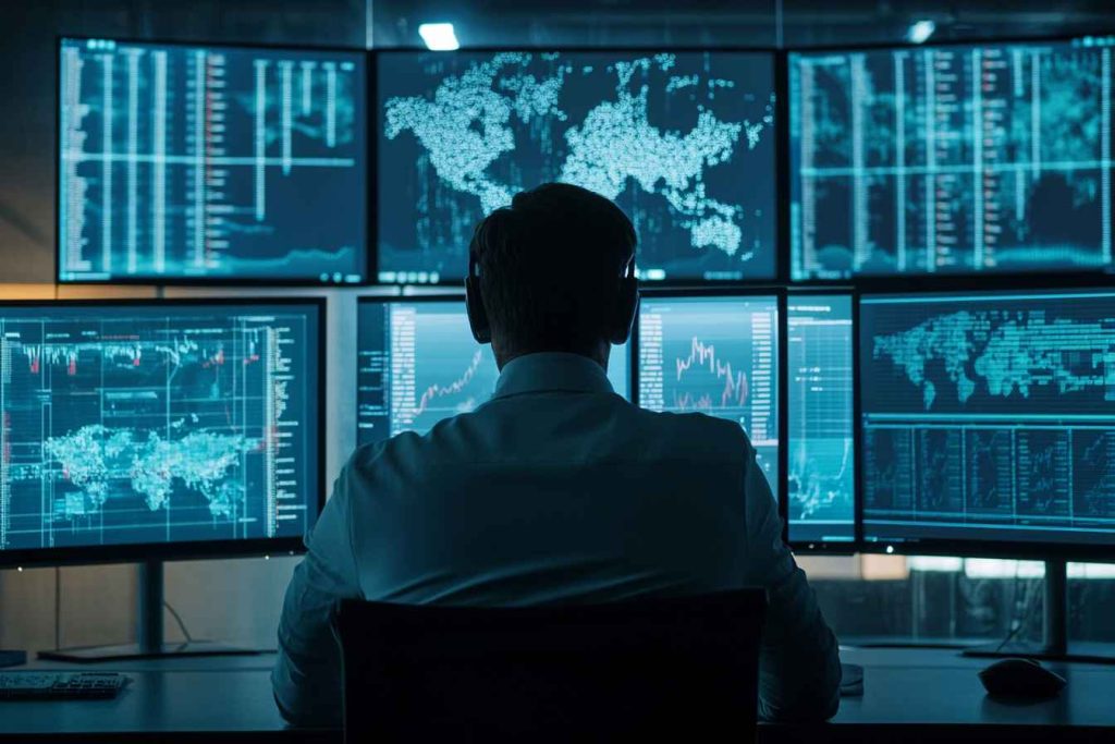 supply-chain-manager-dashboard Supply chain manager analyzing logistics and inventory dashboards in a control room setting