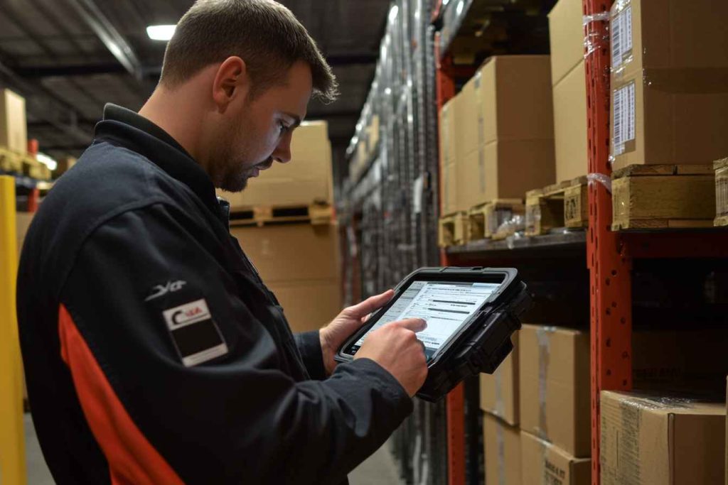 inventory-analyst-tablet-warehouse Inventory analyst scanning products and updating stock levels using a tablet