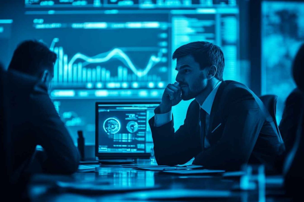 confidentiality-breach-discussion Man sharing confidential information during a meeting in an untrustworthy manner