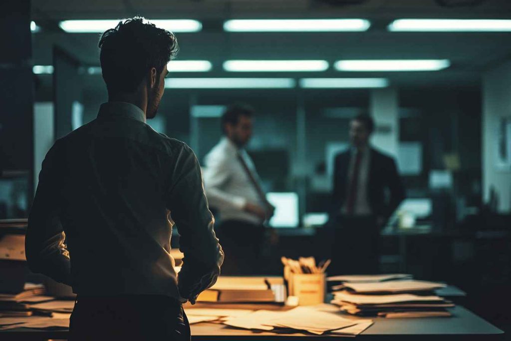 workplace-conflict-tension Male employee distancing himself from an argument between coworkers in a tense office setting