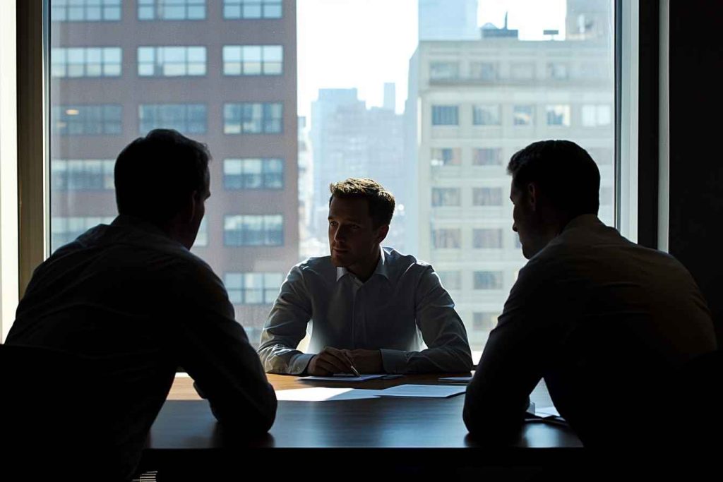A male candidate being evaluated for integrity during a job interview, showing ethical hiring practices.