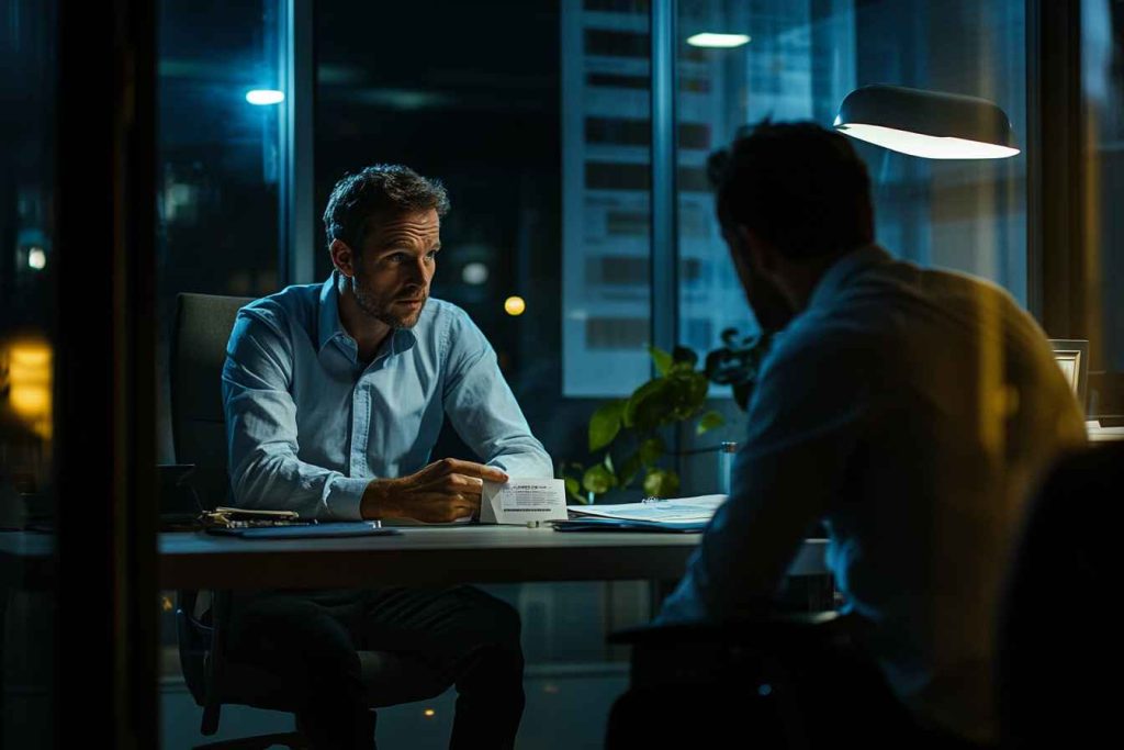 integrity-in-decision-room A male hiring manager evaluating integrity during an interview, emphasizing the importance of character in leadership decisions.