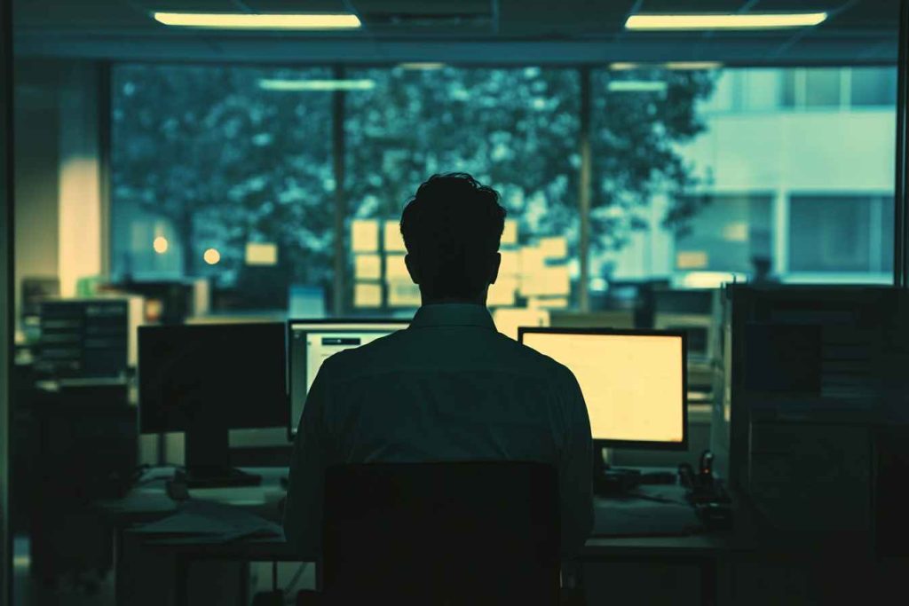 warning-about-lack-of-integrity A male employee witnessing a moment of dishonesty, portraying the damage caused by lack of integrity in the workplace.