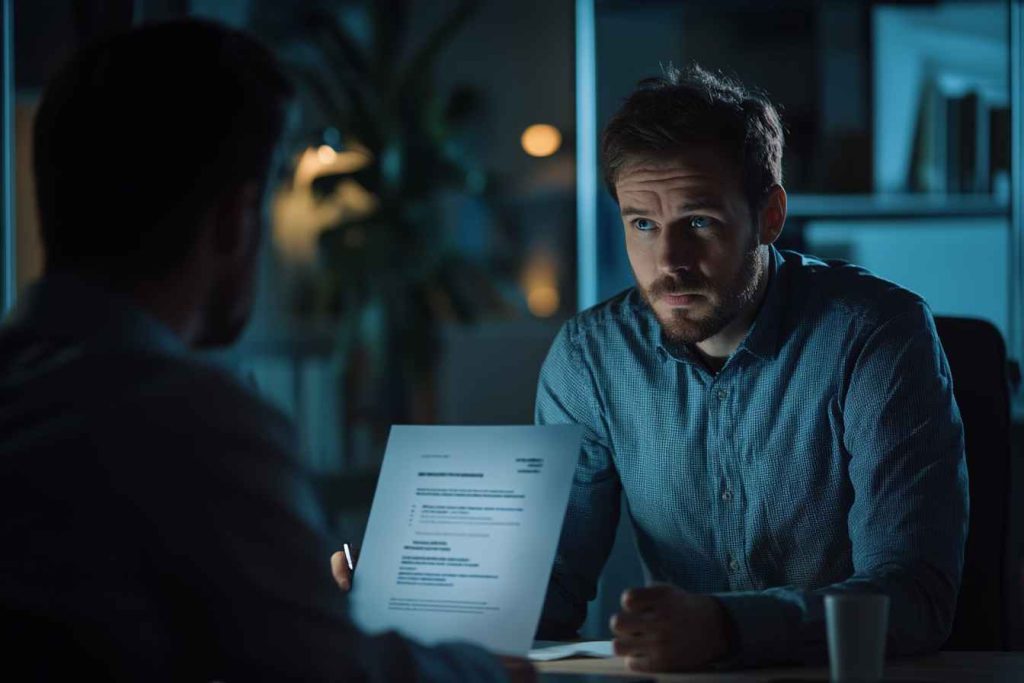 resume-doesn't-show-character A male interviewer realizing that a great résumé doesn’t guarantee integrity, highlighting the risk of hiring on appearances alone.
