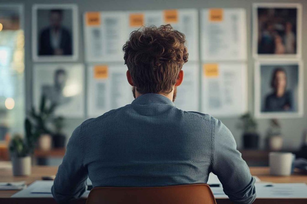 trust-based-hiring-decision A male hiring manager finalizing a decision based on character, not just competence—choosing integrity as the deciding factor.