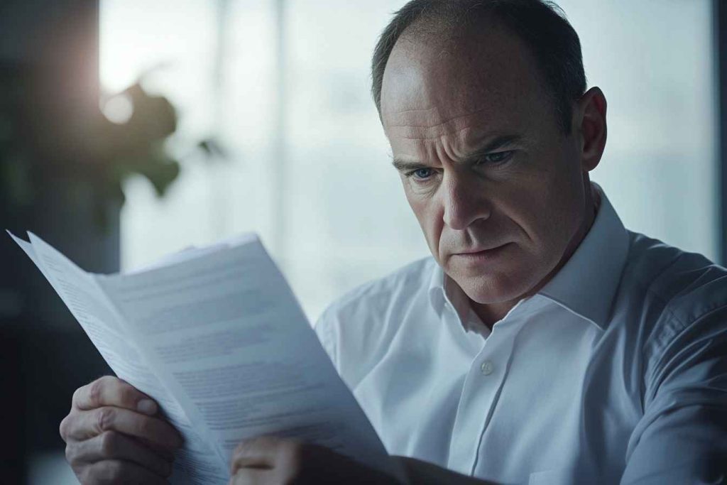 policy-loyalty-vs-improvement A male employee reflecting on company policy, weighing loyalty to structure against the need for positive change.