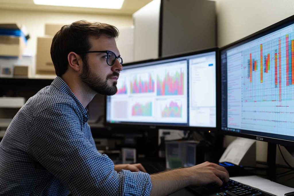 digital-consistency-check-analysis A male analyst reviewing consistency patterns from an integrity assessment to detect potential dishonesty.