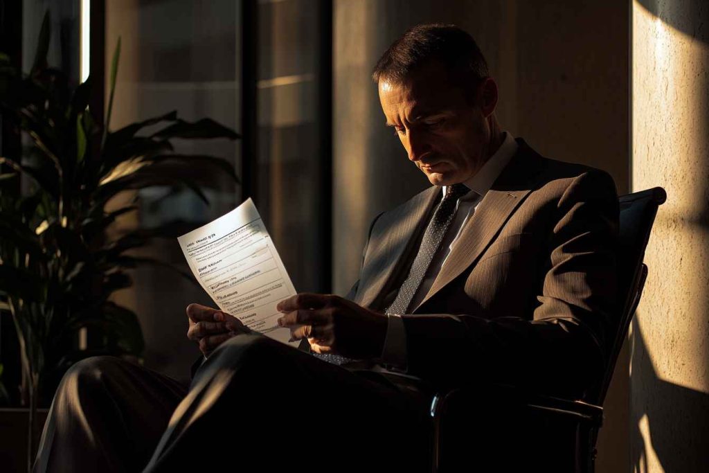 A male hiring manager reviewing integrity scorecard results to decide if a candidate aligns with company values.