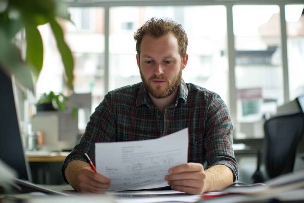 Trustworthiness in the Workplace: Meaning, Importance, Examples, and Ways to Measure 3 A male professional reviewing peer feedback focused on trustworthiness and reliability.
