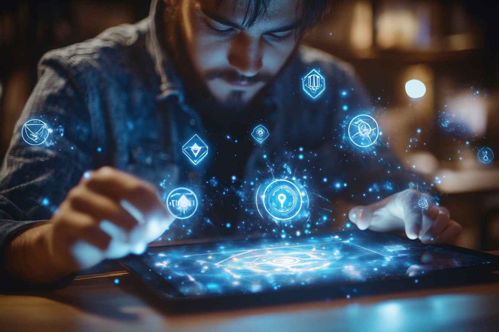 A modern worker exploring their moral alignment using a gamified version of the D&D personality quiz.