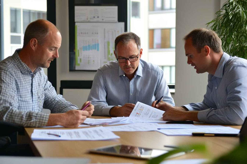 A hiring team collaboratively assessing candidates’ moral judgment during a final decision meeting.