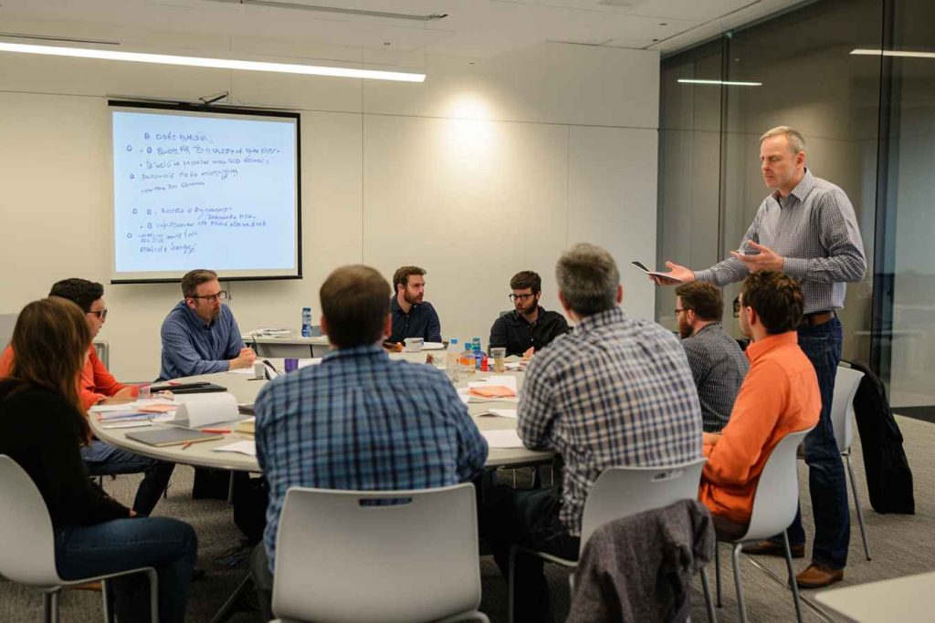 Employees participating in a workplace moral dilemma workshop to strengthen ethical thinking.