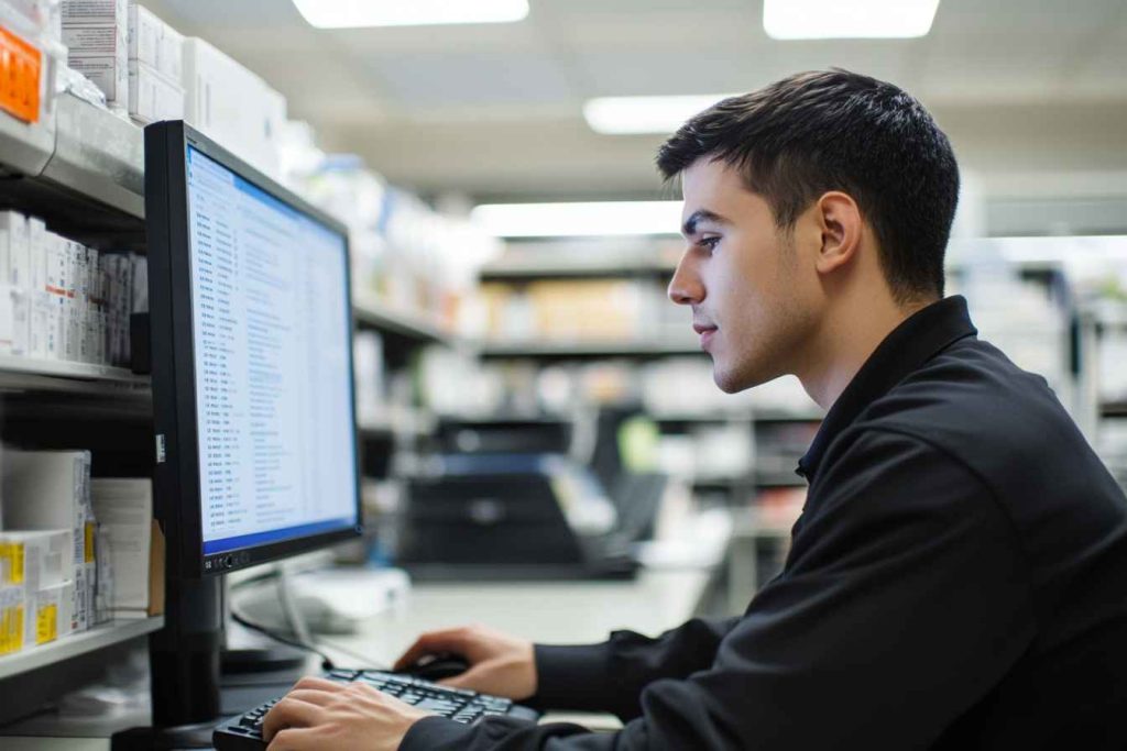 Attention to Detail Test Questions and Answers PDF (Free Download) 3 Male admin verifying product entry accuracy.