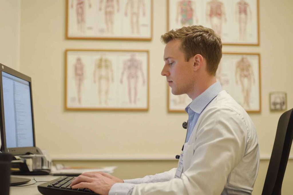 Male healthcare applicant completing a Casper test in a clinical environment.