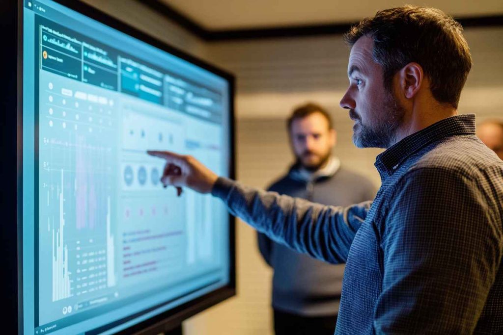 Hiring manager reviewing situational judgement test scores on a digital screen.