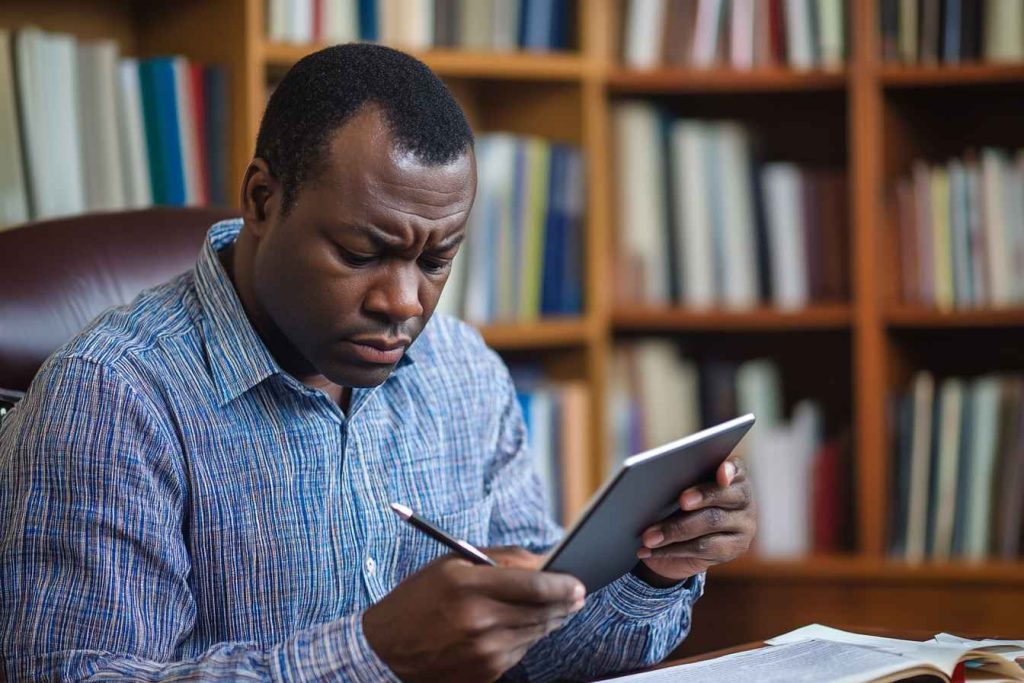 350 Situational Judgment Test Sample Questions (with Answers on PDF) 3 Male professional preparing for situational judgement evaluation using a tablet.