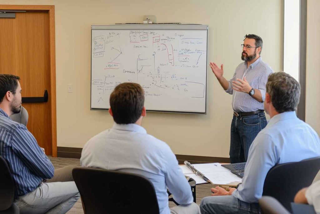 Male employees learning conflict resolution skills in a training session.