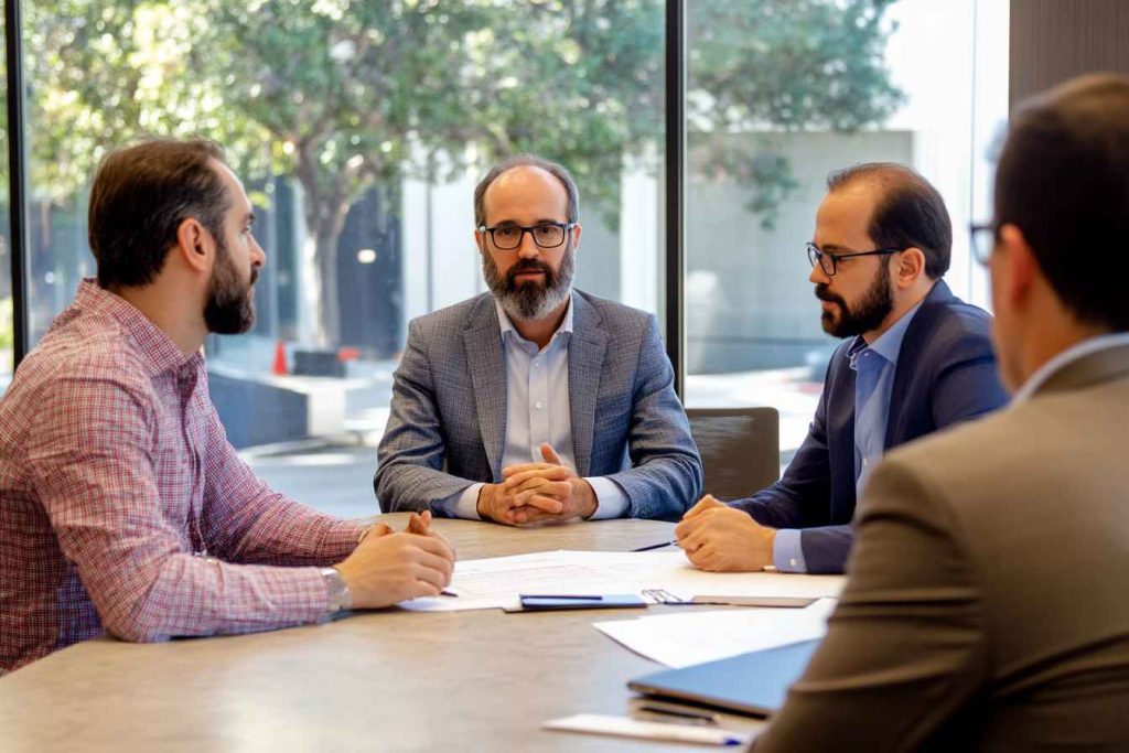 Male team leader mediating a workplace disagreement between two colleagues.