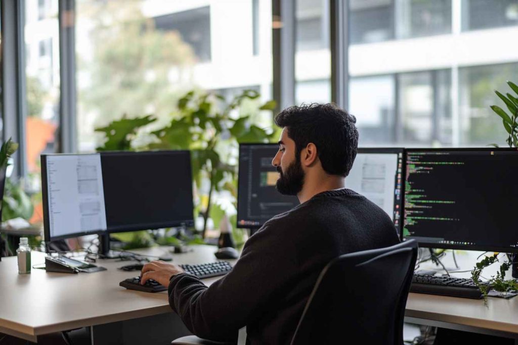 A male developer de-escalating by stepping away from conflict.