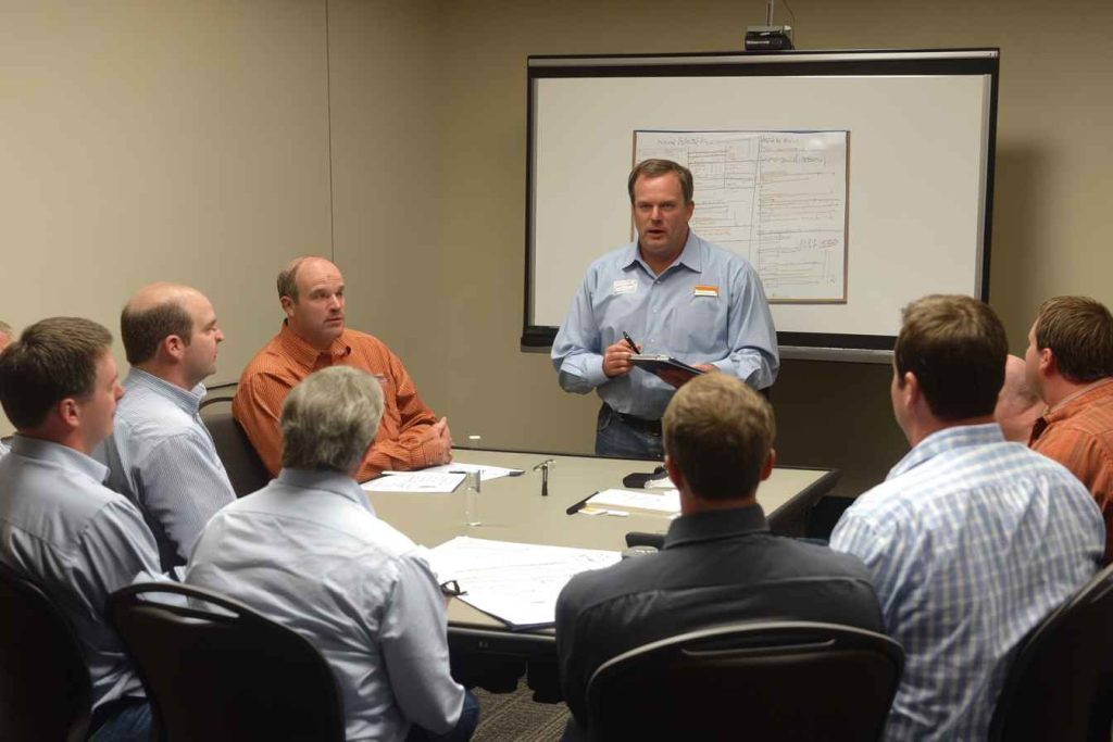 Male employees participating in a conflict resolution workshop.