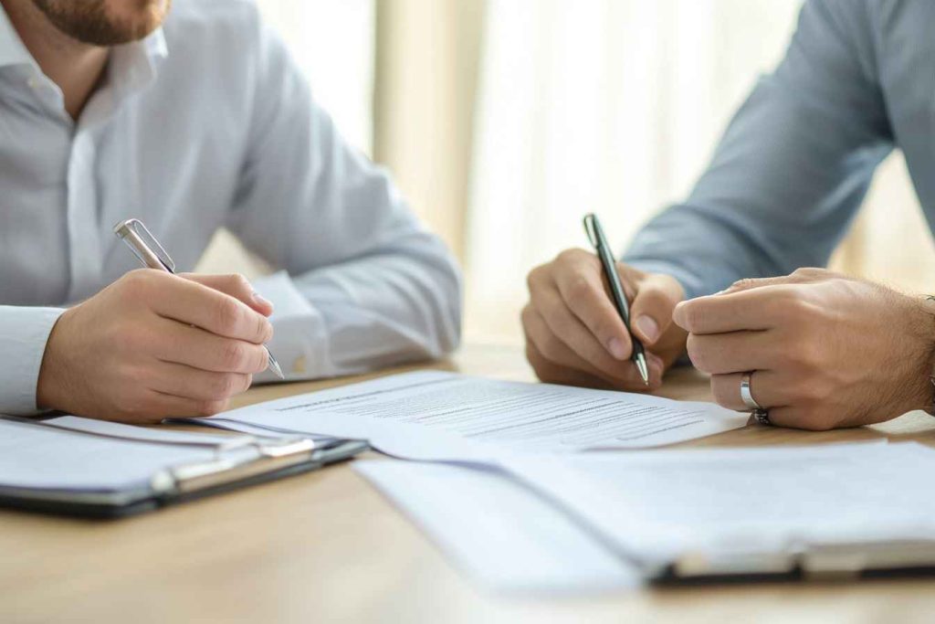 policy-review-meeting-between-hr-and-manager HR and manager reviewing workplace conflict resolution policies.