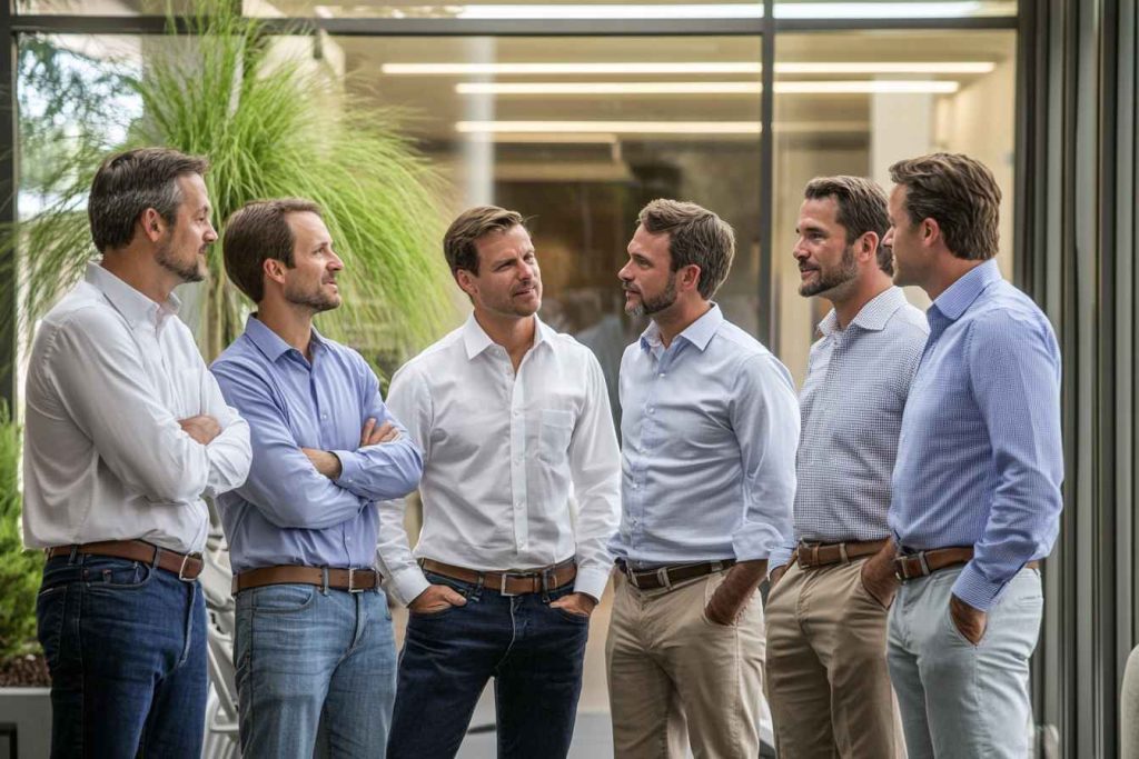 workplace-open-communication-huddle Male team practicing open communication to prevent conflict.