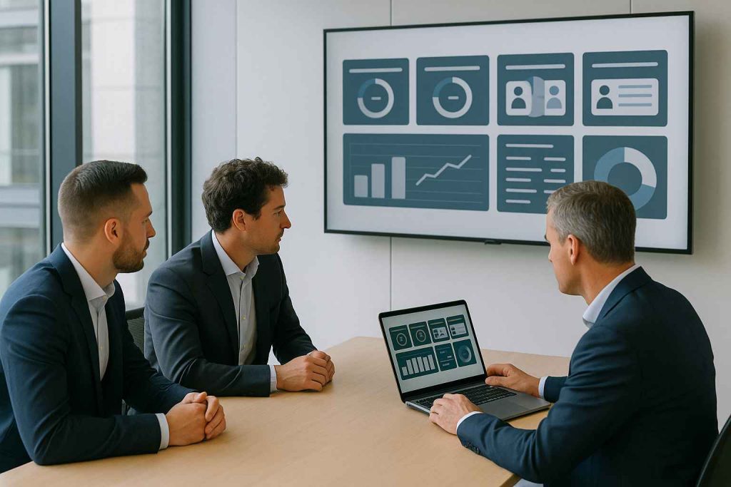 Hiring managers reviewing candidate assessment results on a digital dashboard in a modern office setting.