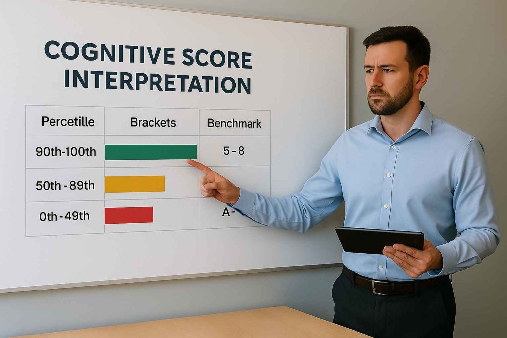 Team leader explaining how to interpret cognitive assessment scores.