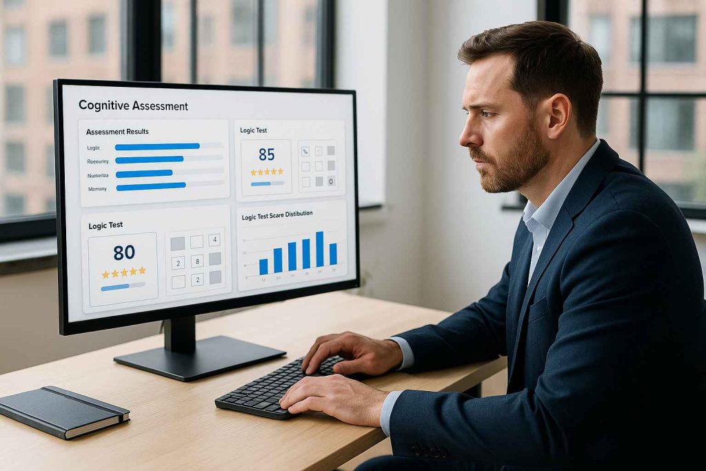 Male recruiter analyzing cognitive test platforms on a digital dashboard.