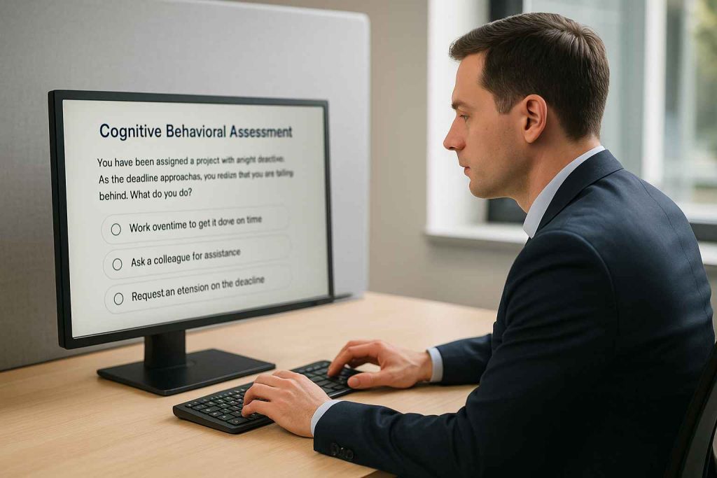 Male candidate completing a cognitive behavioral assessment with real-world scenario questions.