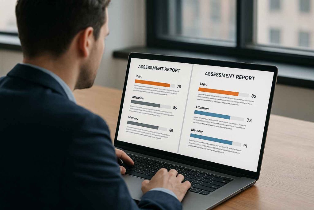 Recruiter evaluating short cognitive test results to compare candidate abilities.