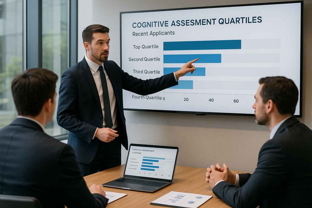 Hiring team reviewing candidate scores from pre-employment cognitive assessments.