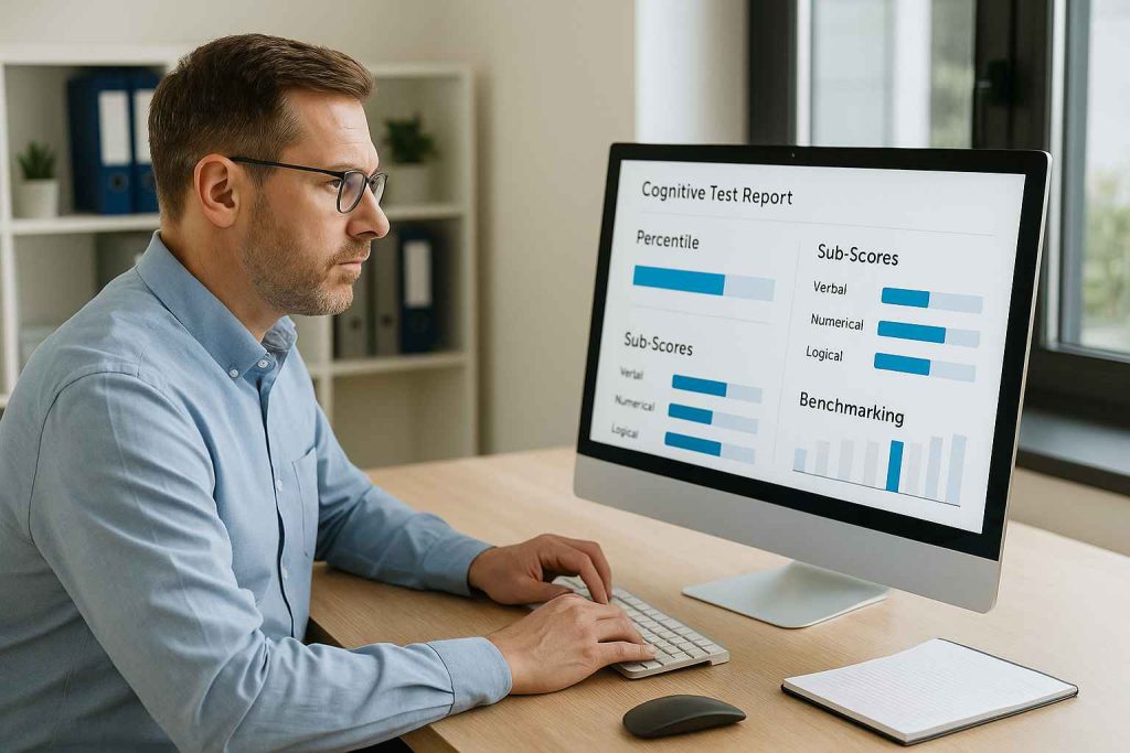 Understanding Cognitive Assessment Scores: What Do They Mean? 1 HR manager analyzing a cognitive test score report with percentiles and benchmarks.