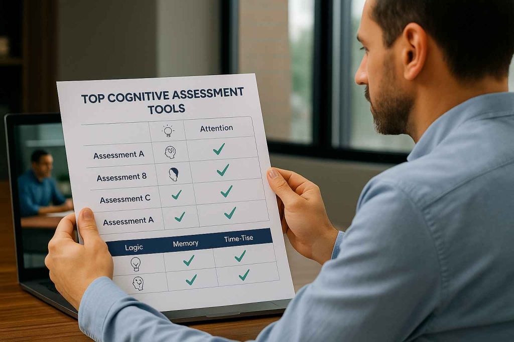 Top Cognitive Assessment Tools for Hiring Success 1 HR manager comparing printed charts of top cognitive assessment platforms.