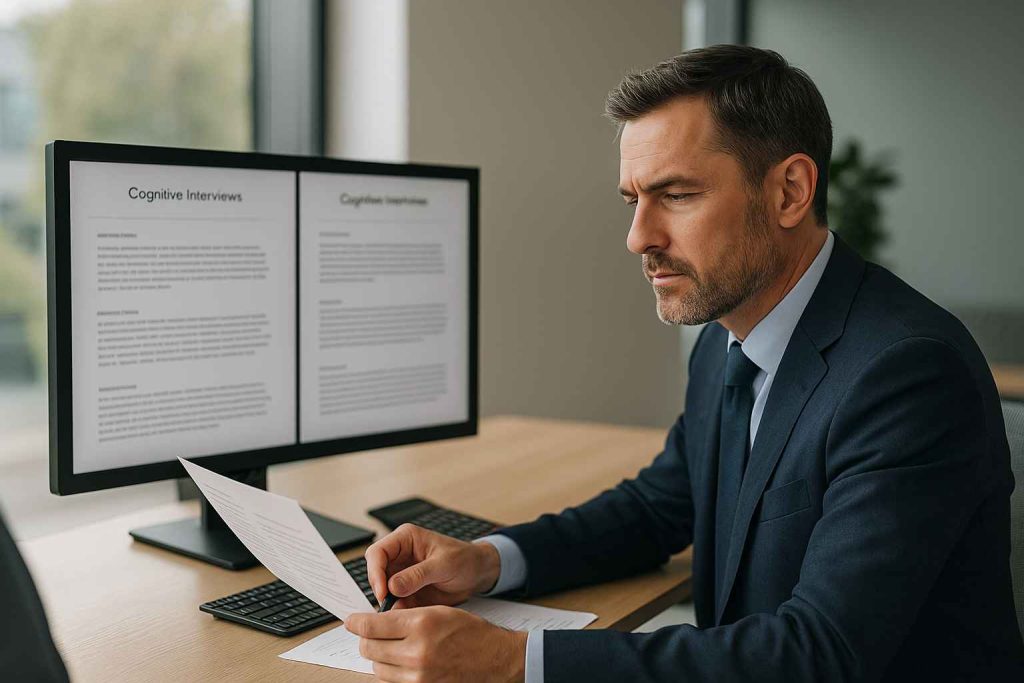 Top Cognitive Assessment Interview Questions to Ask Candidates 1 HR manager comparing candidate responses to cognitive interview questions.