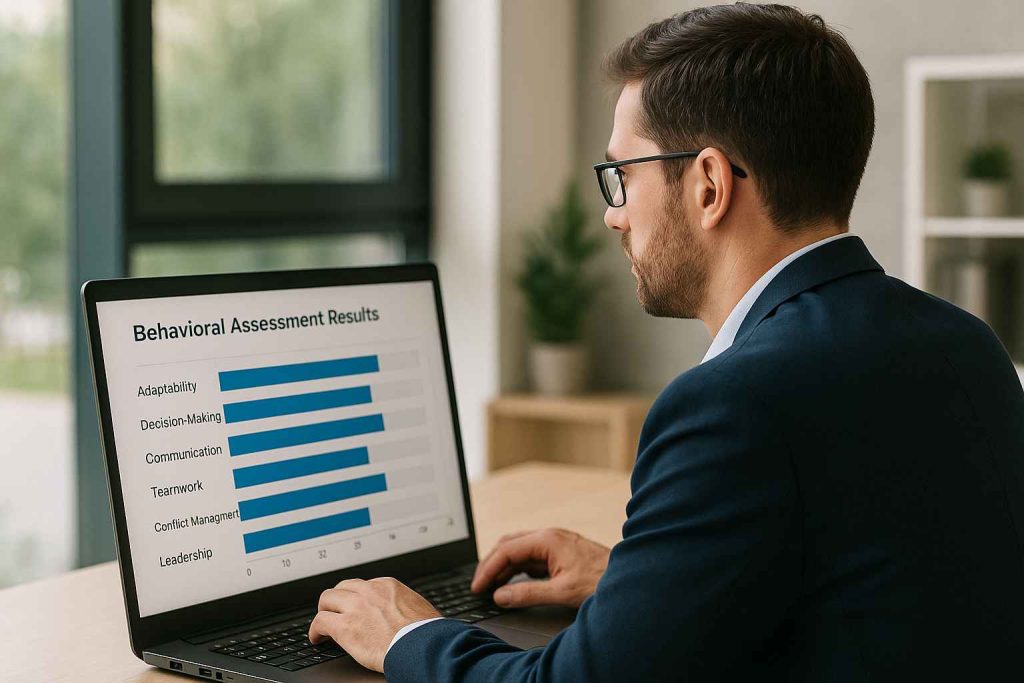 Cognitive Behavioral Assessment: What It Is & How It's Used 1 Recruiter analyzing cognitive behavioral assessment scores for workplace behavior.