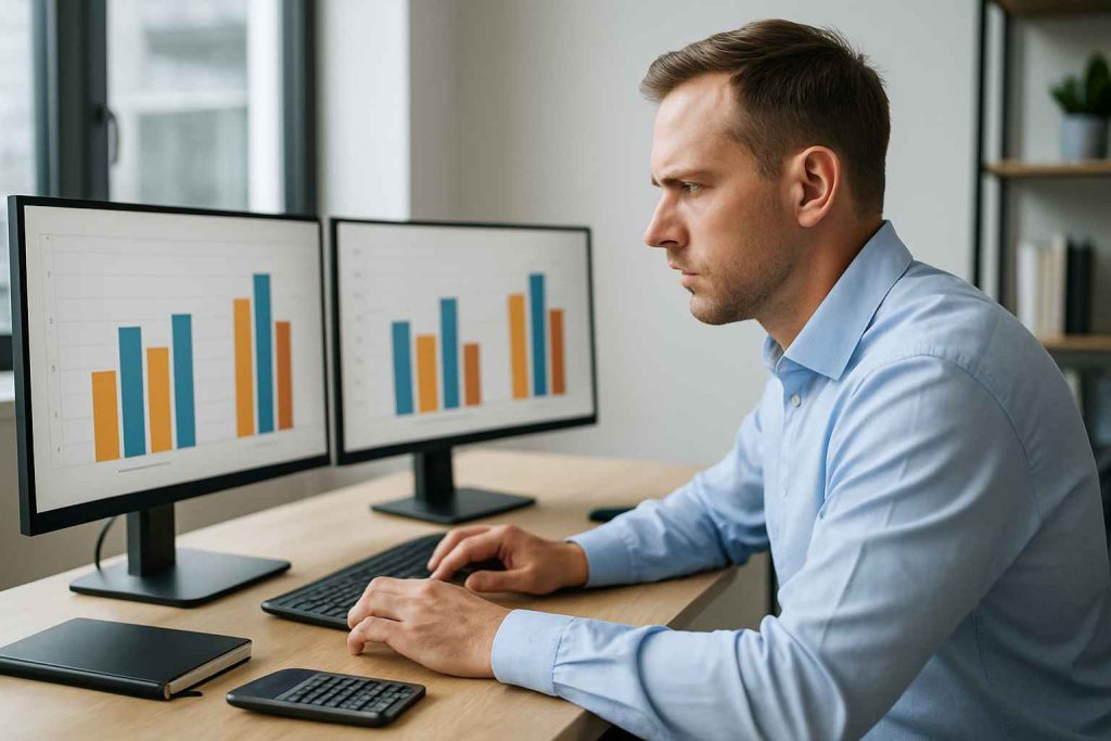 HR manager comparing pricing of cognitive assessment tools on dual monitors.