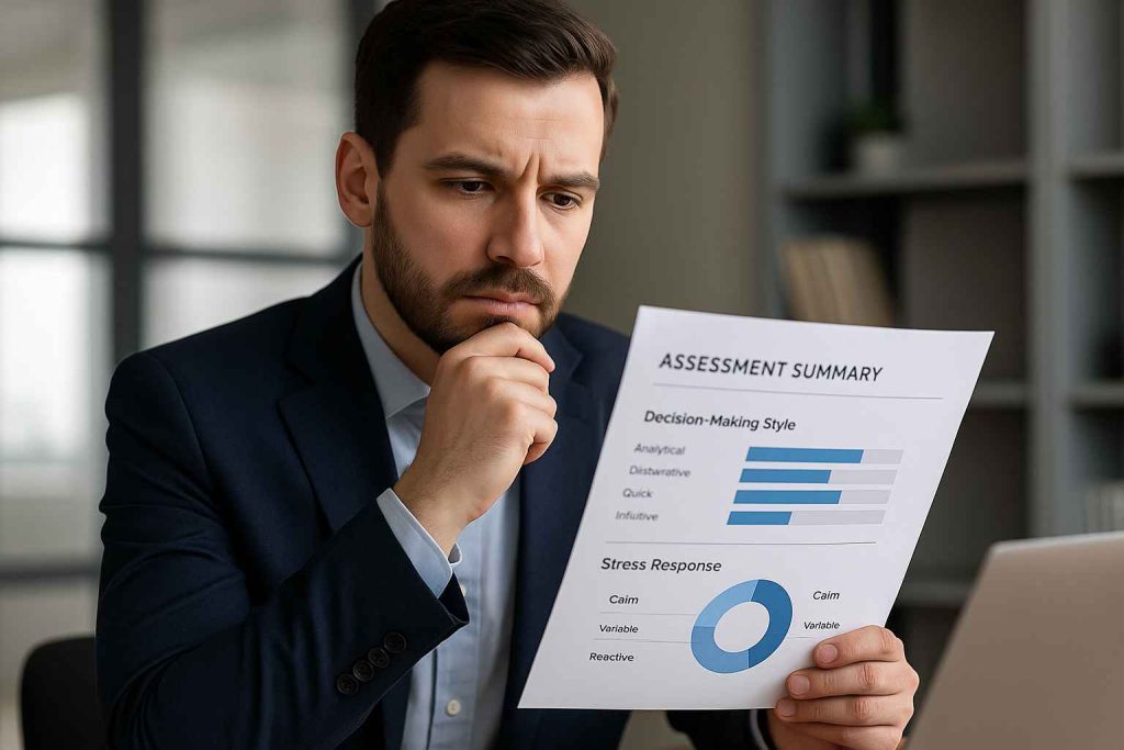 Cognitive Behavioral Assessment: What It Is & How It's Used 2 Hiring manager evaluating decision-making and stress-handling insights from a CBA.
