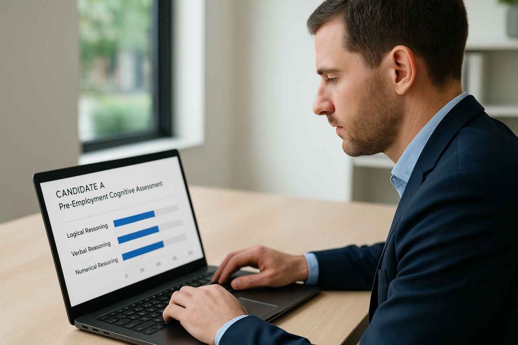 Pre‑Employment Cognitive Assessments: What Recruiters Need to Know 2 Male recruiter analyzing pre-employment cognitive test results on a digital dashboard.