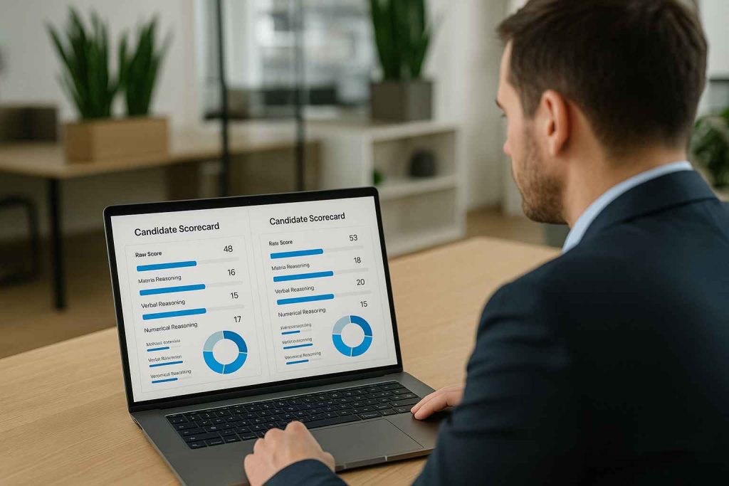 Understanding Cognitive Assessment Scores: What Do They Mean? 3 Recruiter comparing candidate cognitive scorecards during hiring.