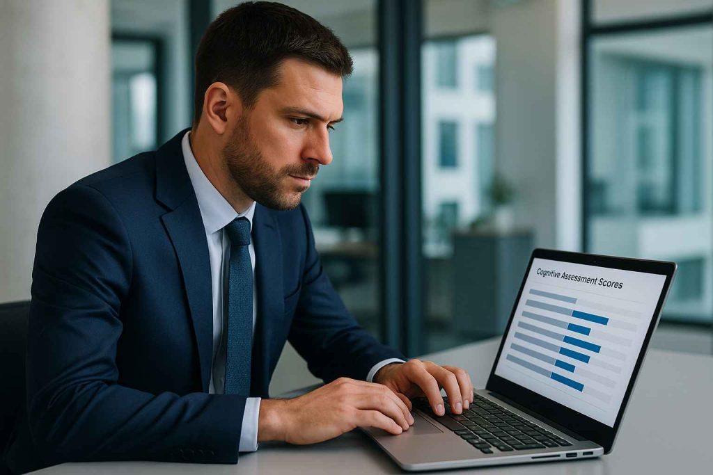 Short Cognitive Assessments: Efficient Tools for Fast Screening 3 Recruiter reviewing short cognitive test scores on a laptop.