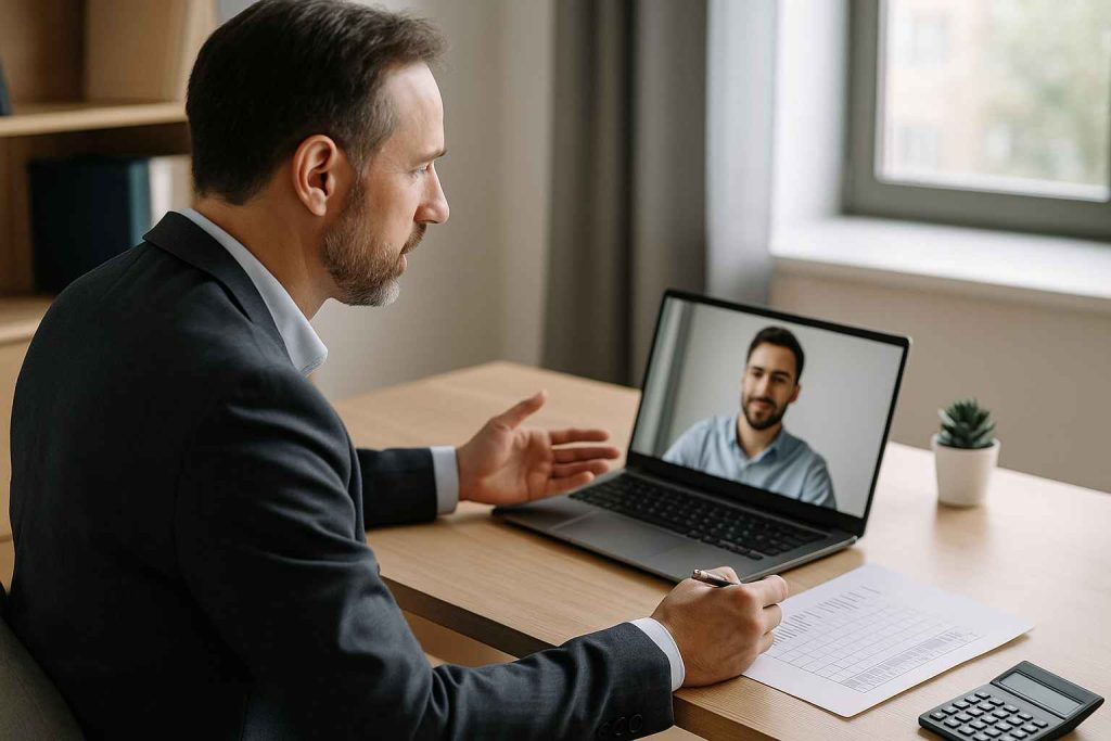 Top Cognitive Assessment Interview Questions to Ask Candidates 3 Hiring manager conducting virtual cognitive interview with a scoring guide.
